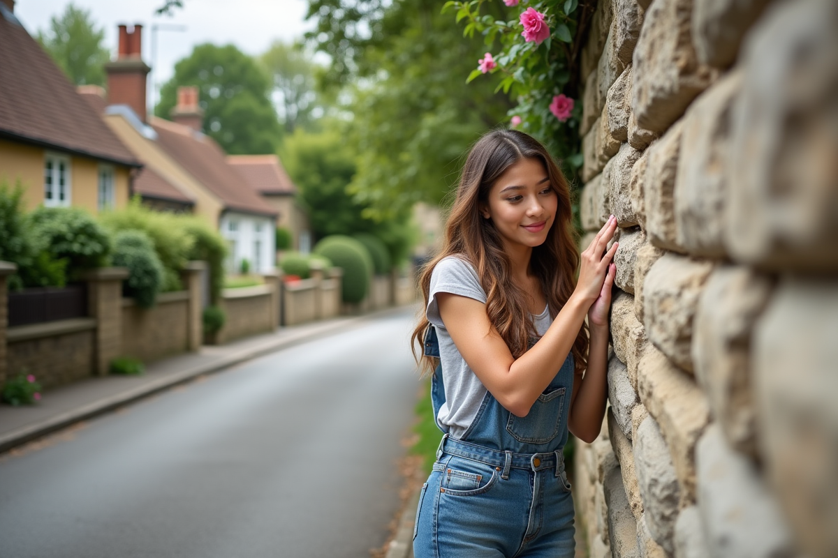 Jeune femme inspectant un mur en pierre avec mortier frais