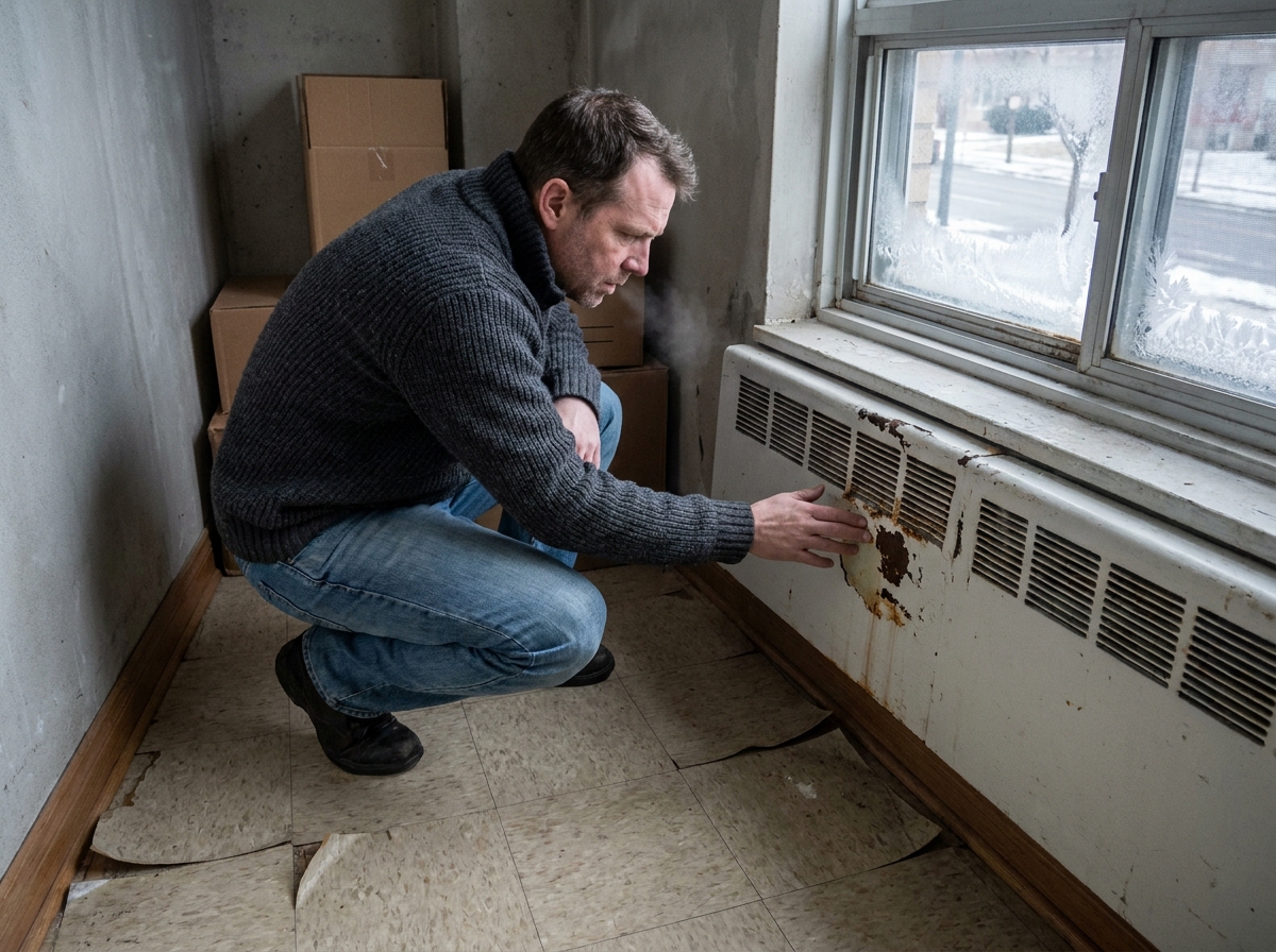 Homme examinant un radiateur rouillé et des défauts de peinture lors d'une visite d'appartement en hiver