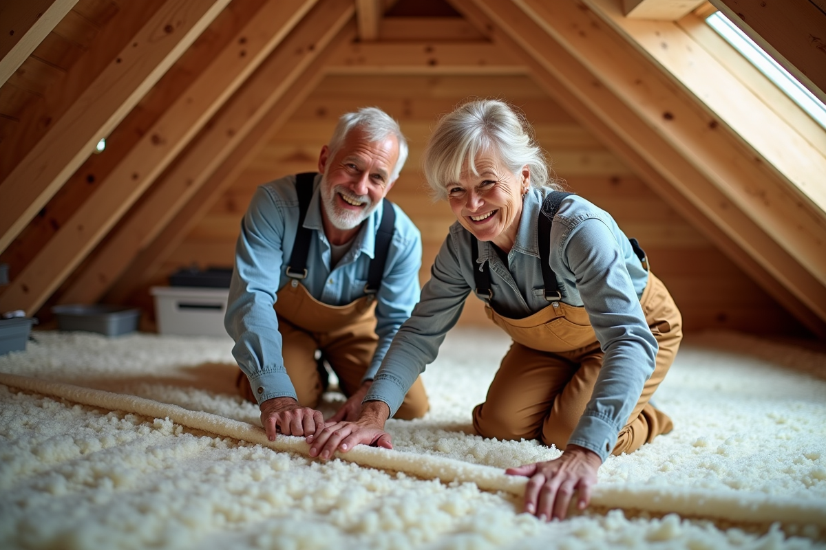 Personnes installant des panneaux d isolation dans un grenier