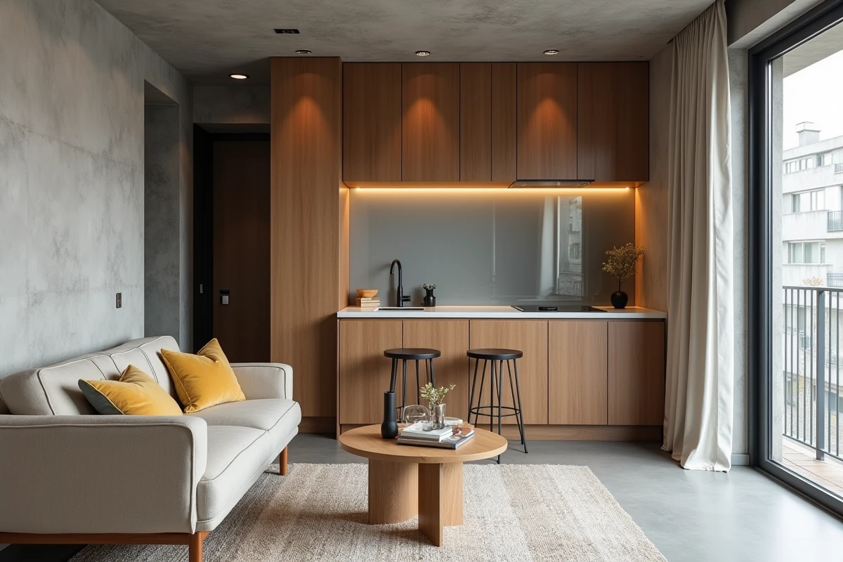 Vue grand angle d'un appartement T1 bis meublé montrant la séparation entre espace de vie et alcôve chambre