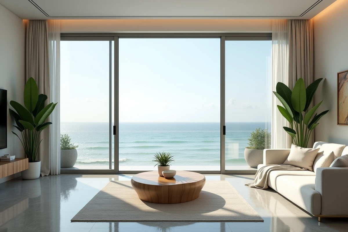 Salon d'un condo thaïlandais en bord de mer avec balcon et vue panoramique sur la mer