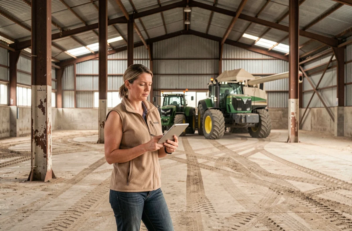 Responsable agricole consultant des estimations de coût à l'intérieur d'un hangar de stockage avec tracteur et moissonneuse-batteuse