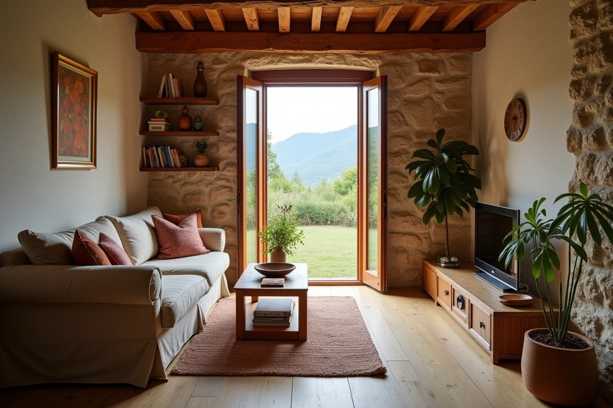 Intérieur chaleureux d'une petite maison en pierre à louer dans les Hautes-Pyrénées avec vue sur le jardin