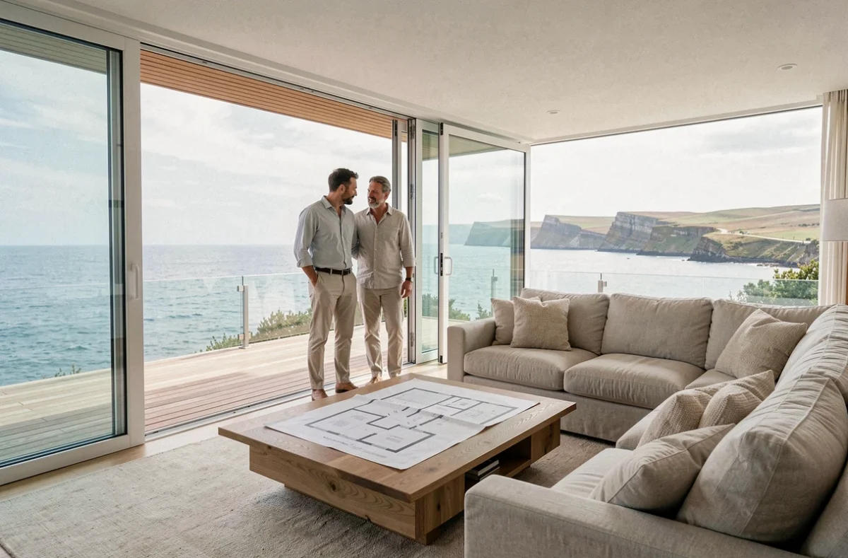 Intérieur d'une maison à vendre avec baies vitrées ouvertes sur une vue mer dégagée et couple visitant le bien