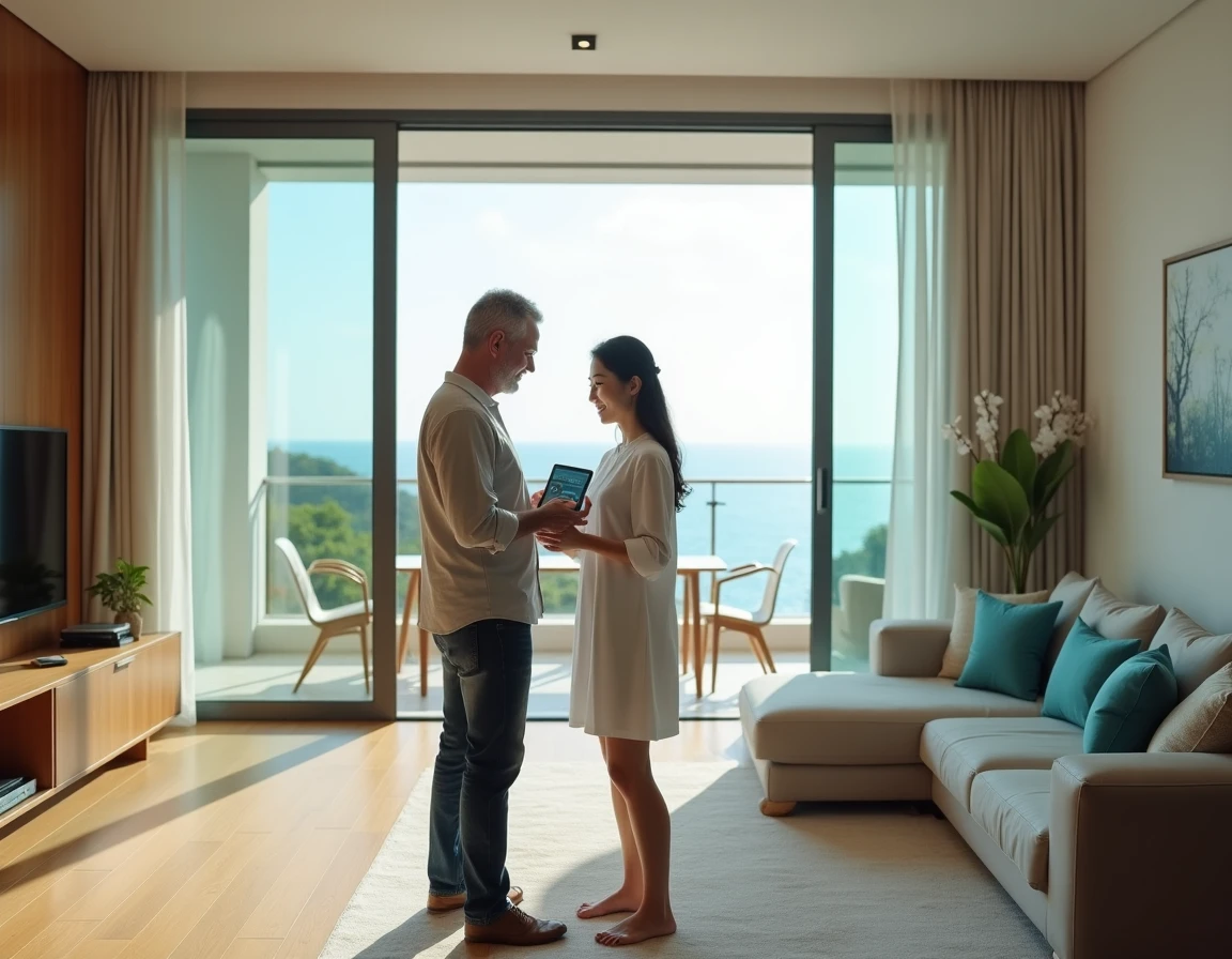 Couple d'investisseurs dans un condominium meublé moderne à Phuket avec vue sur la mer, consultant des données de rendement locatif sur tablette