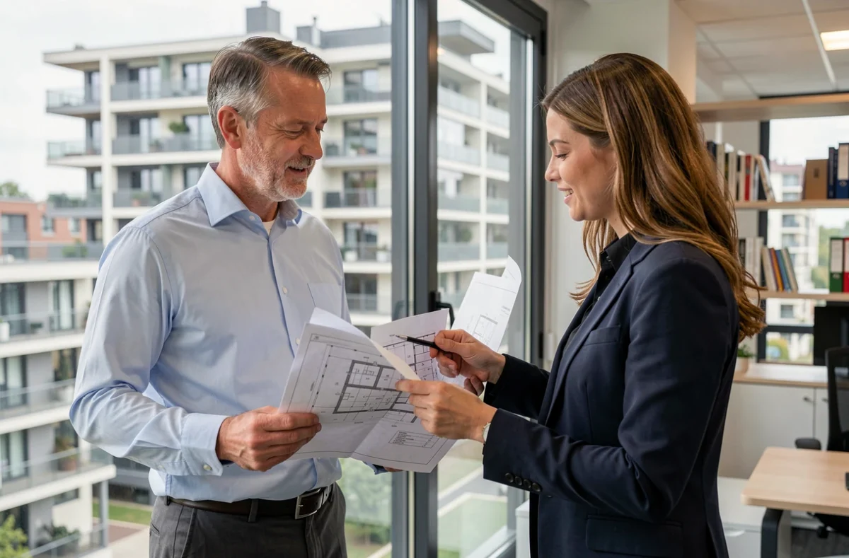Deux gestionnaires de JDM Immobilier analysant un plan de bâtiment dans un bureau avec vue sur des immeubles