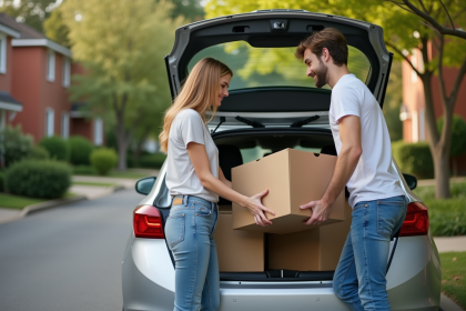 Jeune couple organisant des cartons pour déménagement dans la rue