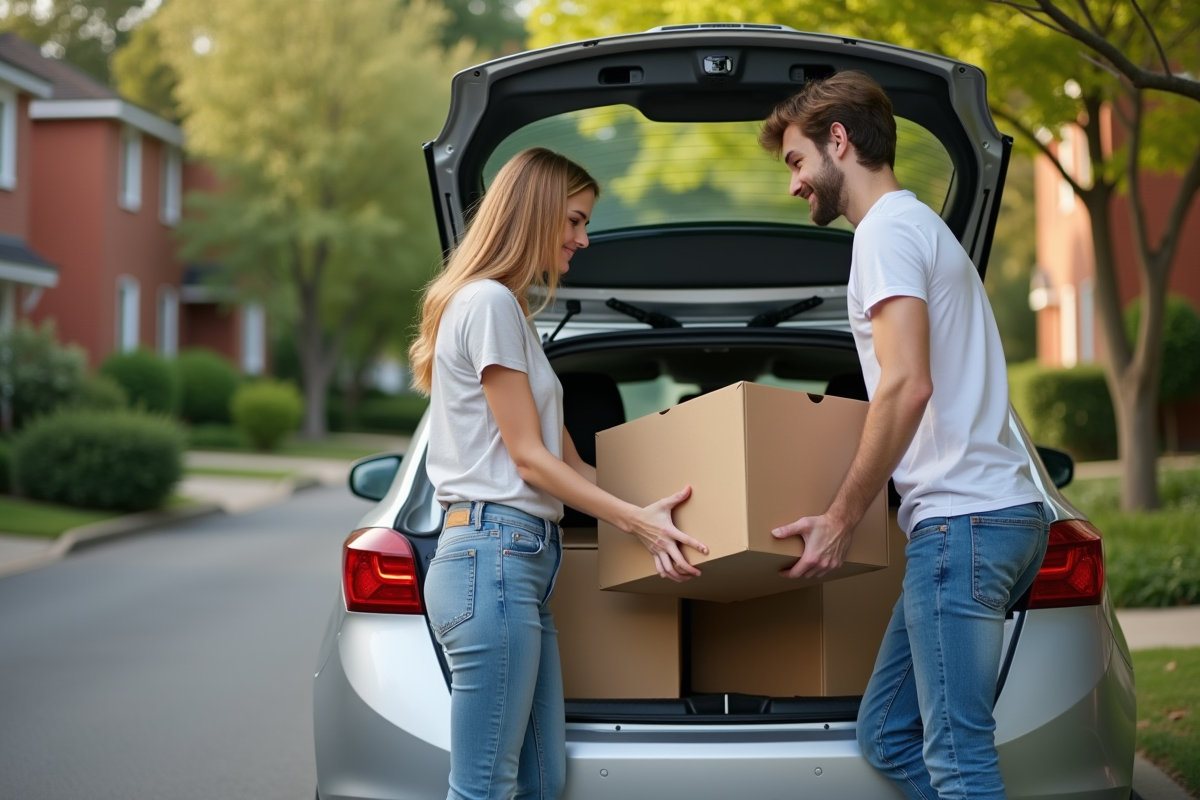 Jeune couple organisant des cartons pour déménagement dans la rue