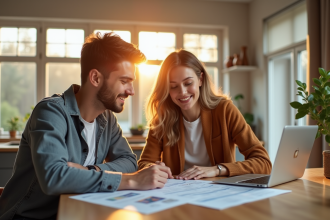 Jeune couple regardant des documents immobiliers dans une cuisine lumineuse