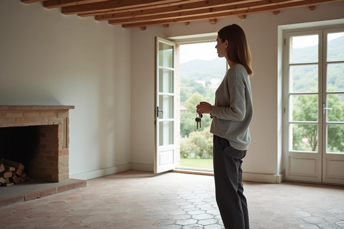 Jeune femme tenant les clés de sa première résidence principale dans un salon avec poutres apparentes et vue sur les coteaux