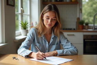 Jeune femme signant un contrat de location à la maison