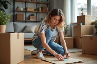 Jeune femme emballant des caisses dans un intérieur organisé
