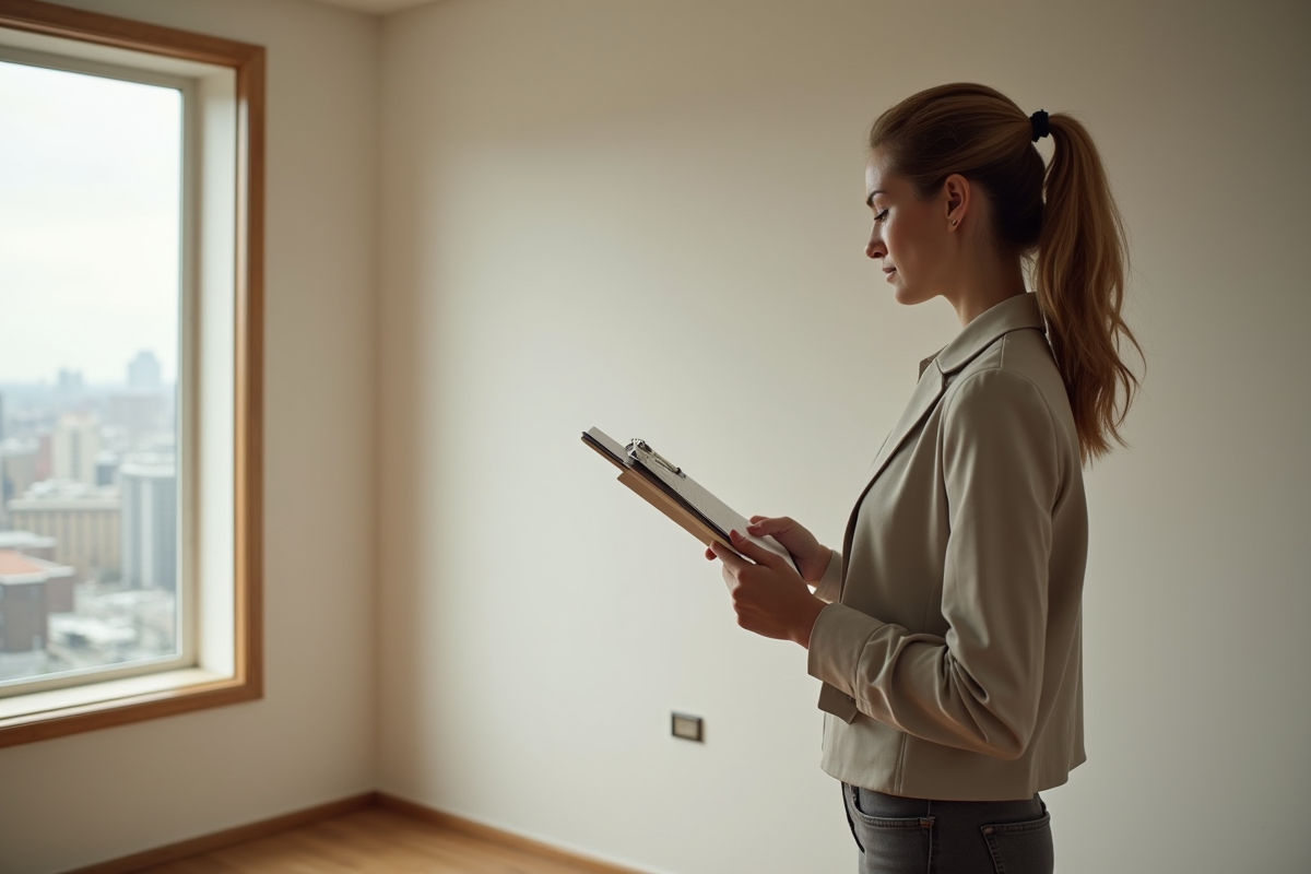 Jeune femme inspectant un appartement rénové avec un carnet