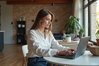 Jeune femme à Lyon consulte des annonces immobilières
