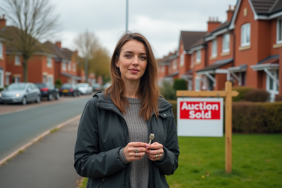 Jeune femme heureuse devant une maison vendue aux enchères