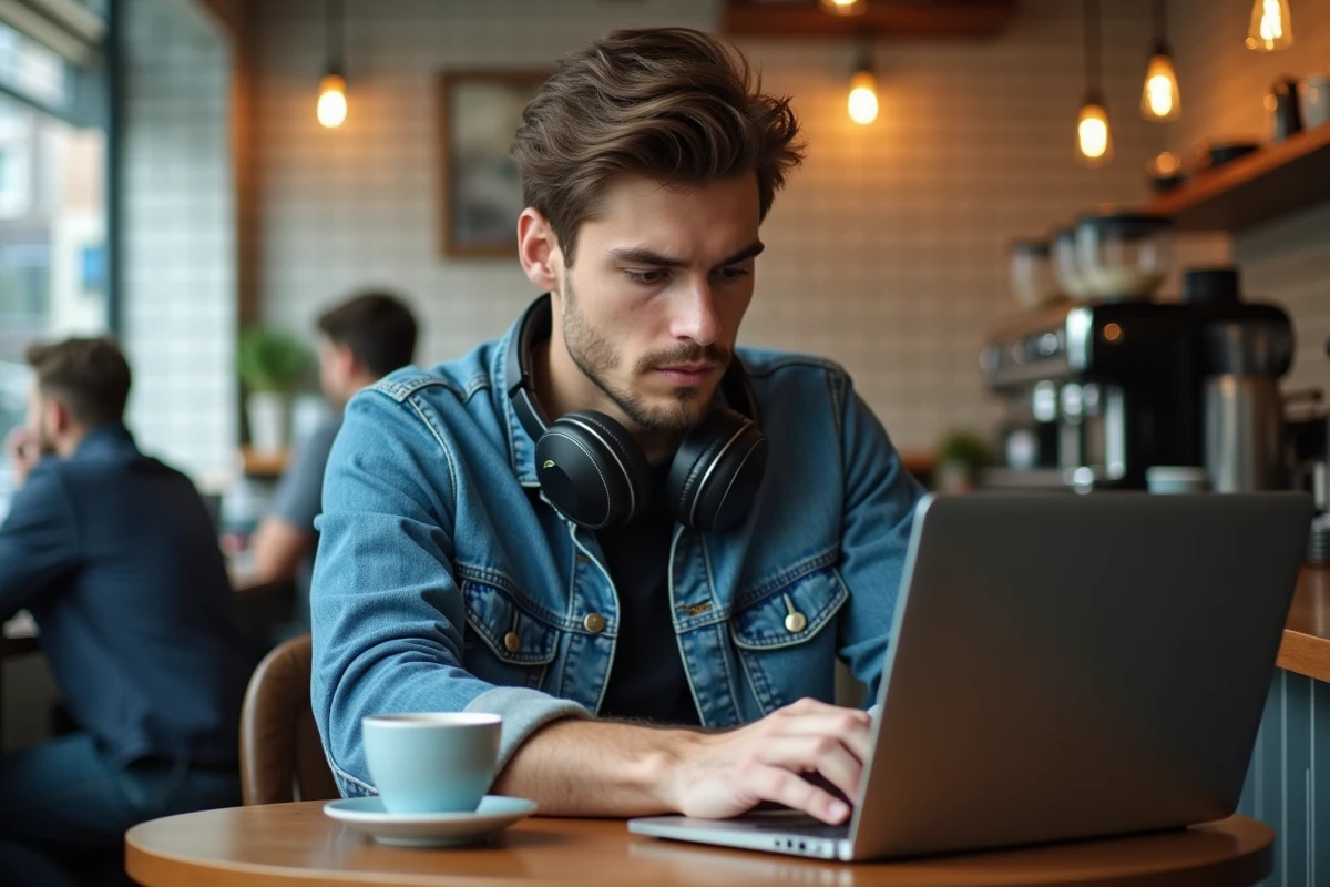 Jeune homme utilisant un ordinateur portable dans un café public sans précautions, illustrant la vulnérabilité aux risques de sécurité en ligne