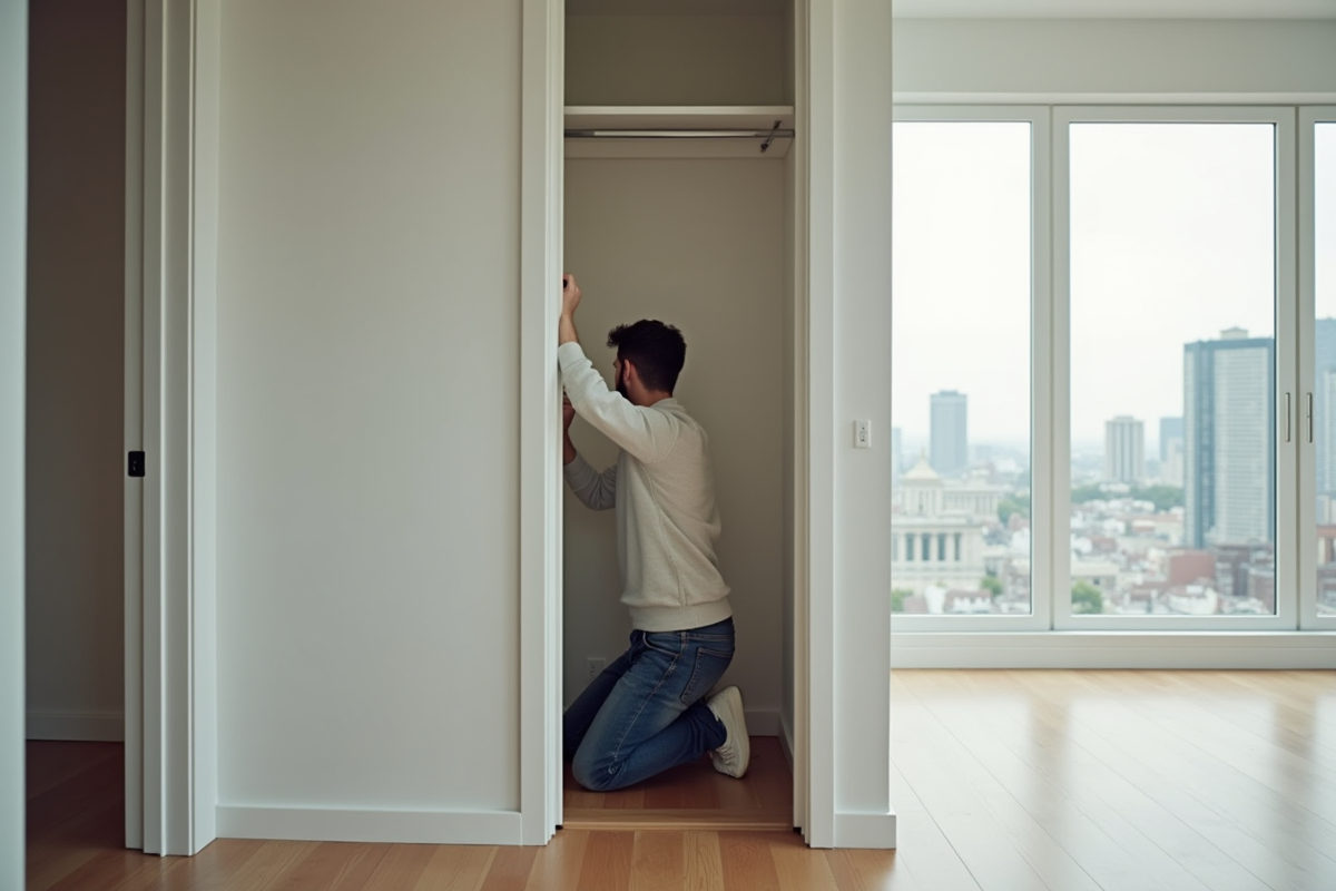 Jeune homme inspectant un placard dans un appartement neuf
