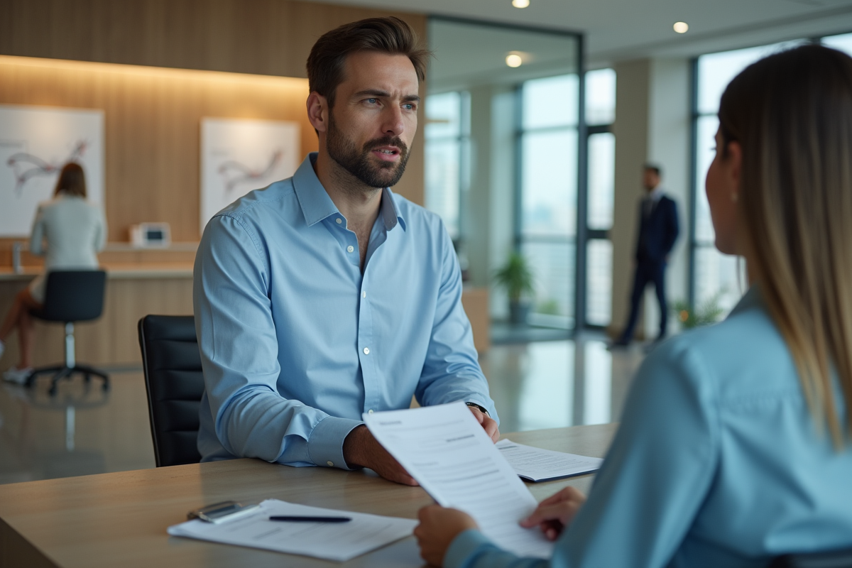 Jeune professionnel discutant avec conseiller bancaire