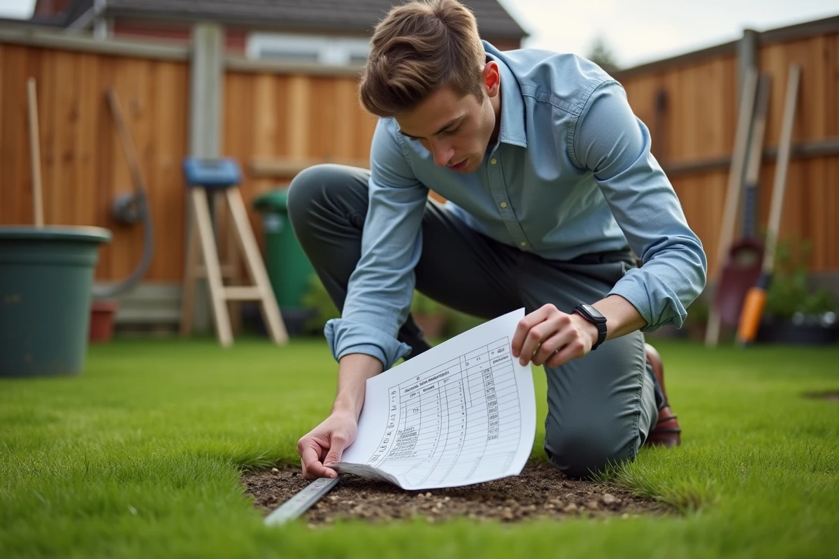 Jeune homme mesurant un jardin avec un ruban