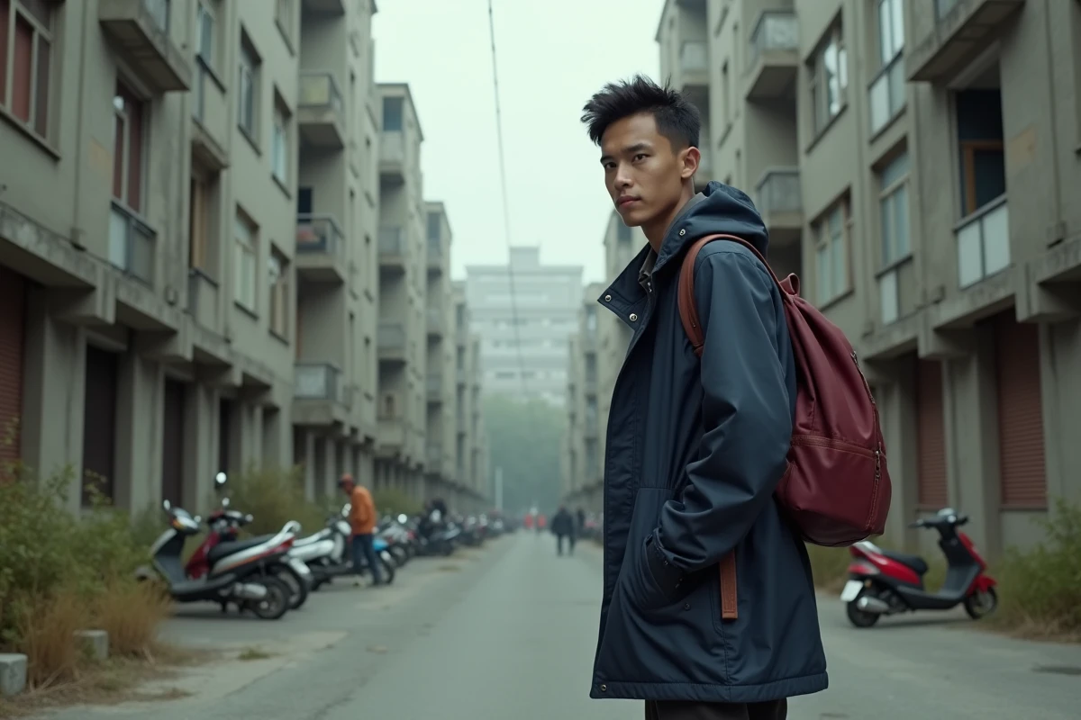 Jeune homme marchant devant immeubles des années 70