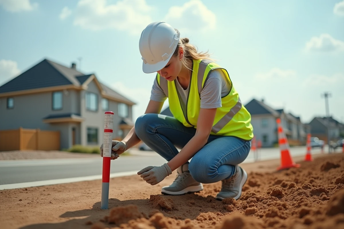 Jeune géomètre posant un repère sur un terrain en construction