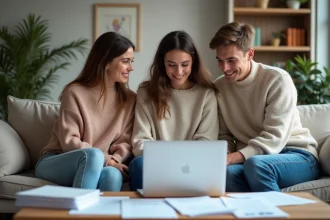 Trois jeunes adultes souriants avec ordinateur dans un salon lumineux