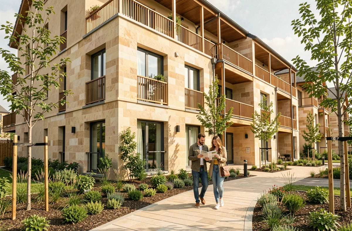 Résidence moderne Kaufman & Broad en Essonne avec façade en pierre beige, balcons en bois et couple consultant une brochure à l'entrée