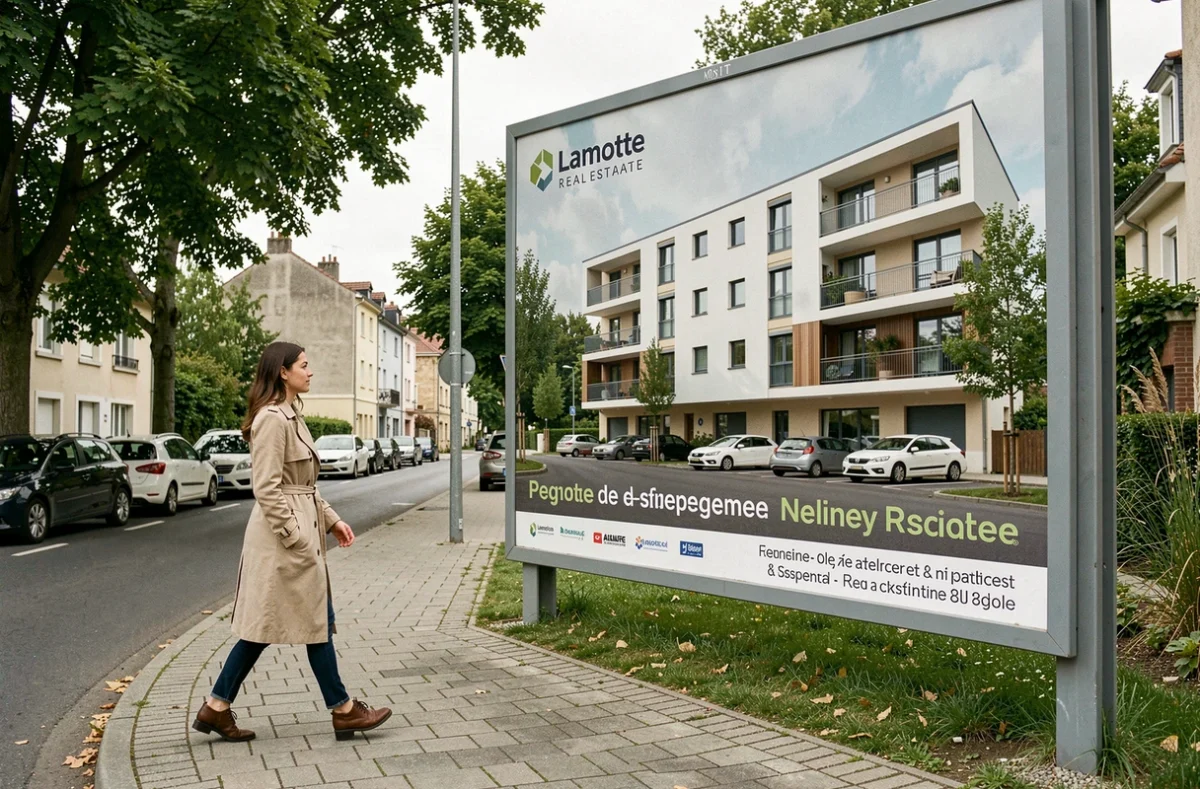 Panneau publicitaire Lamotte devant une résidence neuve livrée en Essonne avec une jeune femme en manteau beige passant devant