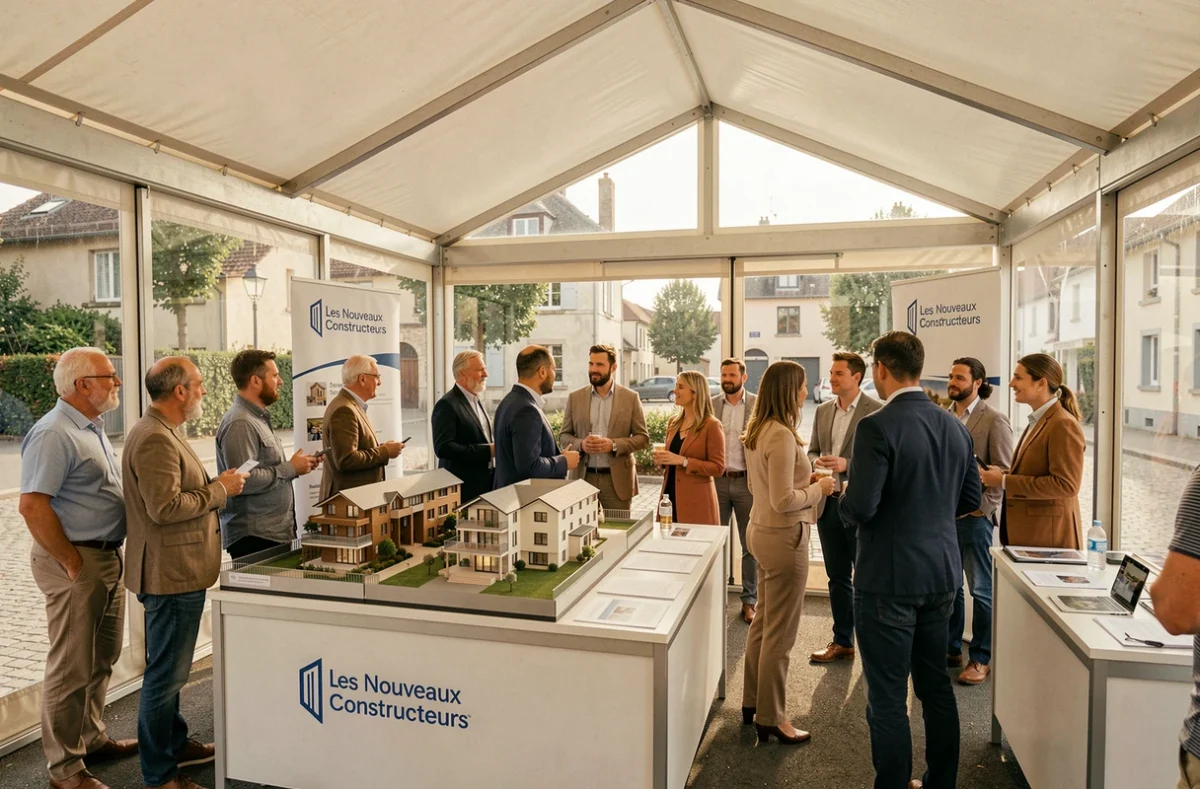 Événement commercial Les Nouveaux Constructeurs dans un pavillon de vente en Essonne avec maquettes et futurs acquéreurs discutant avec des conseillers