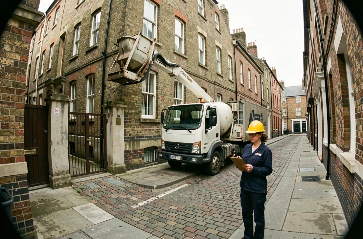 Livraison de béton par petite toupie dans une rue urbaine étroite avec chef de chantier féminine