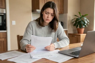 Jeune femme locataire examinant des documents de service LOC à son domicile, comparant les offres sur une table de cuisine moderne