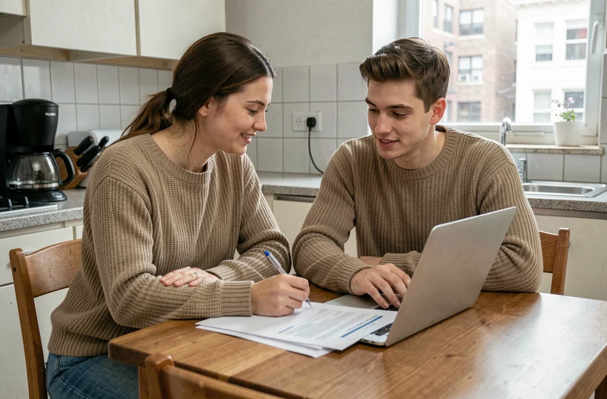 Jeune couple de locataires signant un dossier de location avec garantie Garantme sur un ordinateur portable