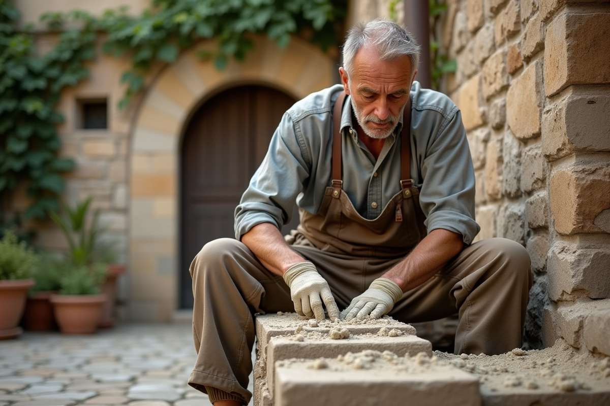 Maçon appliquant du mortier sur un vieux mur en pierre