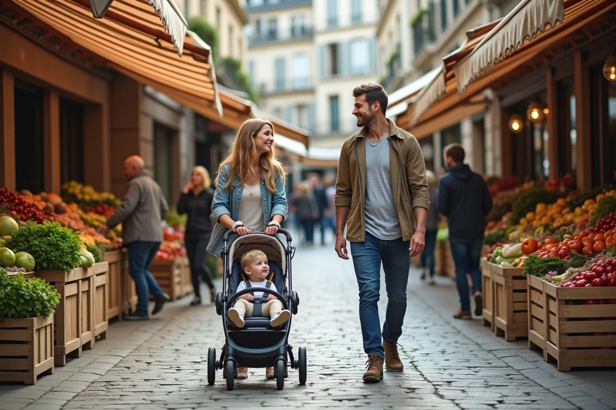 Famille avec poussette au marché de Nogent-sur-Marne, illustrant la vie de quartier animée du centre-ville