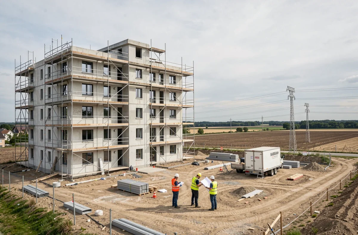 Chantier de construction Marignan en Essonne avec ouvriers en gilets haute visibilité consultant des plans devant un immeuble en cours de construction