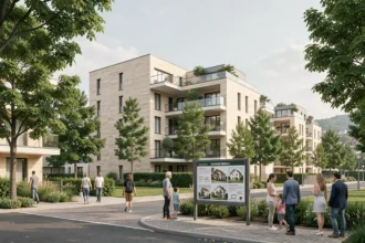 Vue grand angle d'un programme immobilier neuf en Essonne avec des immeubles modernes, espaces verts et familles consultant des plans de vente