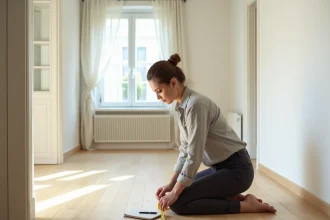 Femme mesurant la surface d'un appartement vide avec un mètre ruban sur parquet en chêne
