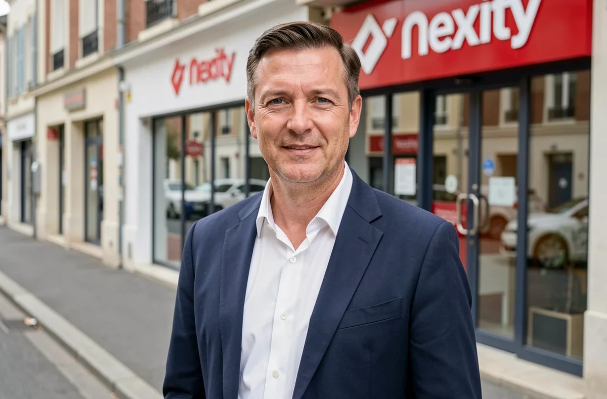 Agent immobilier Nexity devant l'agence commerciale avec logo rouge et blanc, dans une rue commerçante d'une ville de l'Essonne