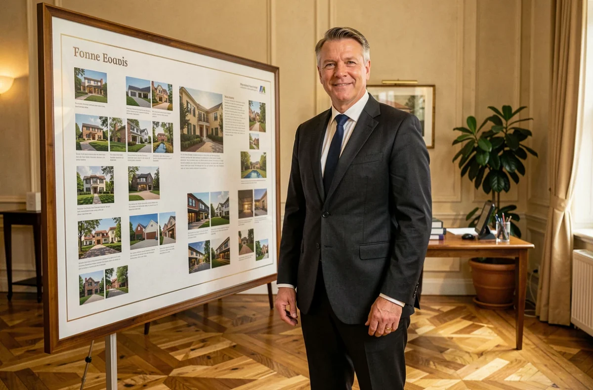 Conseiller en patrimoine immobilier de Nocelli Patrimoine dans un bureau raffiné avec parquet et portfolio affiché