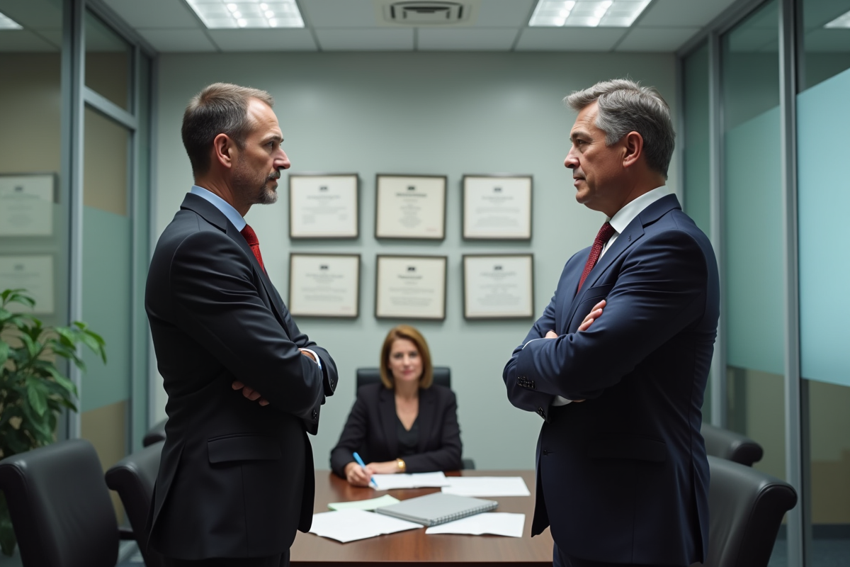 Un homme et une femme se tiennent dans un bureau notarial