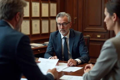 Notaire professionnel remettant des documents à un couple