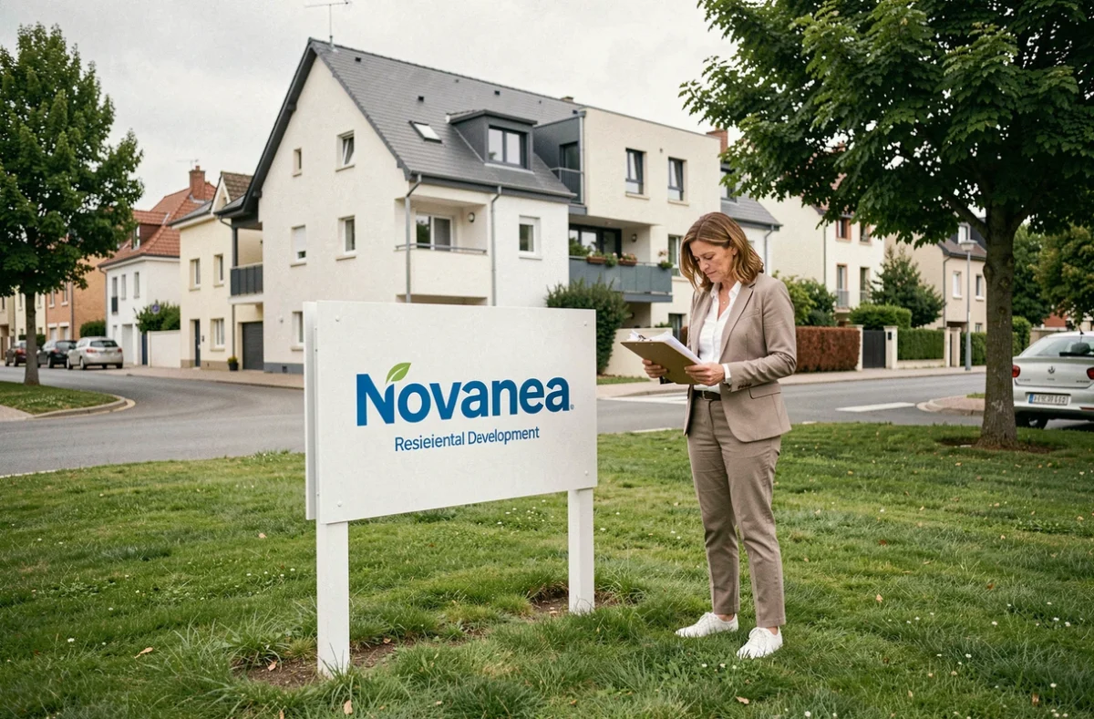 Panneau Novanea devant une résidence neuve en Essonne avec une professionnelle de l'immobilier consultant des documents sur clipboard