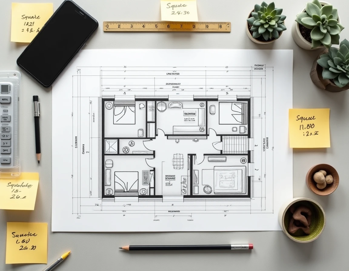 Vue aérienne d'un plan d'appartement avec outils de mesure pour calculer la surface en mètres carrés