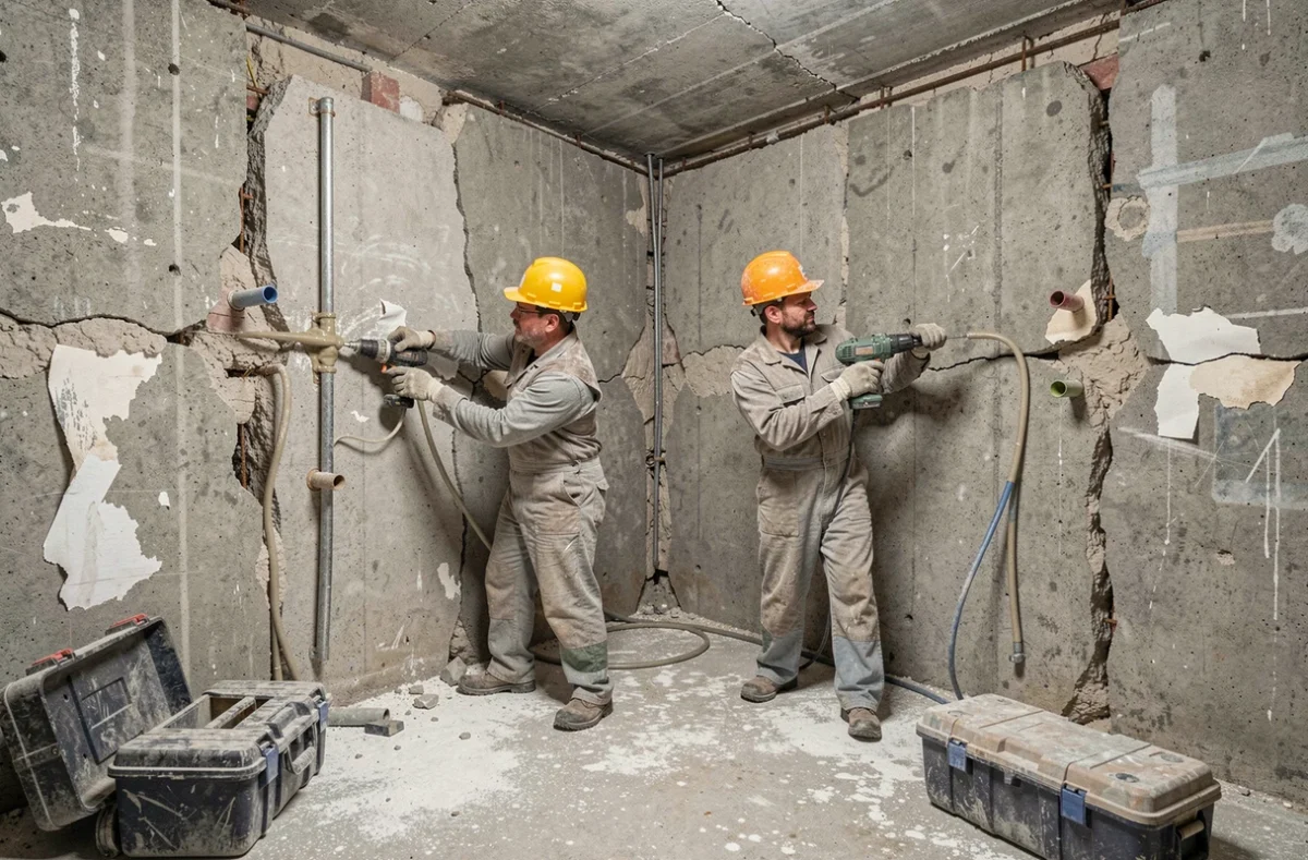 Deux ouvriers injectant de la résine expansive dans les fissures d'un mur de fondation en sous-sol lors d'une reprise sous œuvre
