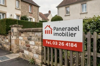 Panneau immobilier posé sur un grillage en zone résidentielle calme avec haies taillées et maisons en arrière-plan