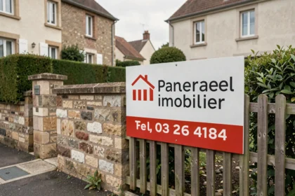Panneau immobilier posé sur un grillage en zone résidentielle calme avec haies taillées et maisons en arrière-plan