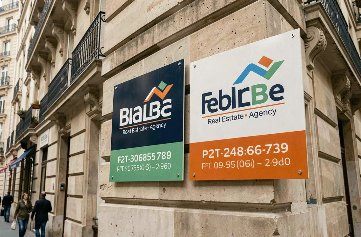 Deux panneaux immobiliers de différentes agences côte à côte sur la façade d'un immeuble haussmannien en ville