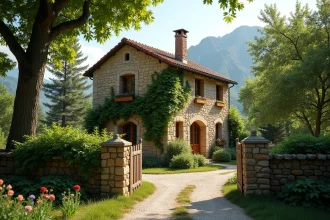 Petite maison en pierre avec jardin fleuri à louer dans les Hautes-Pyrénées, entourée d'arbres et de montagne