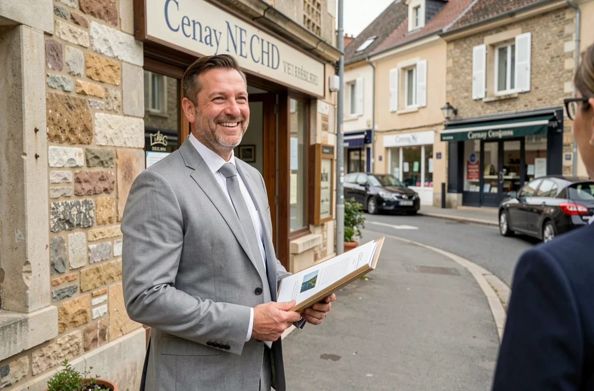 Agent immobilier de Pierre de Ville Agence de Cernay devant la devanture de l'agence dans une rue commerçante