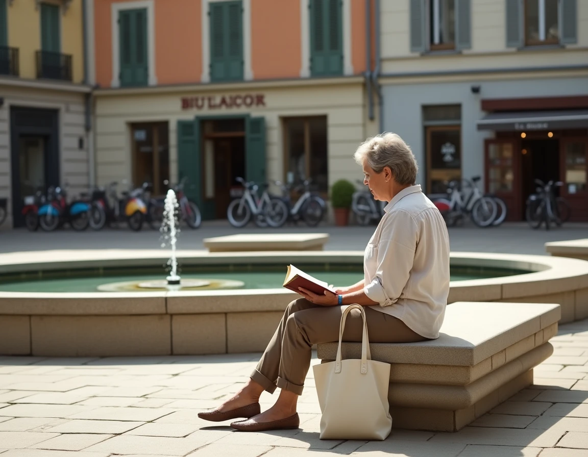 Femme lisant sur un banc dans une place tranquille du Mans entourée d'architecture locale et d'une boulangerie